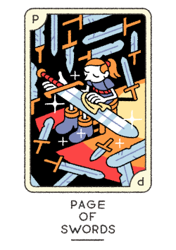 joe-sparrow:  hello! this week’s card brings us to the court cards of the Swords, beginning with the Page of Swords!This page is usually presented as more of a “youthful hero” kind of character, stood imposingly atop a windy cliff or something.