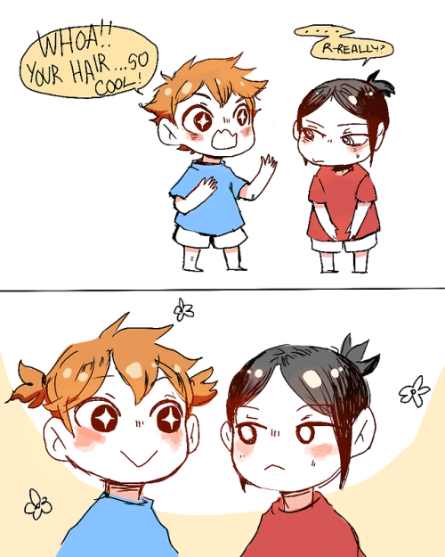 crisisapolyptical:  kindergarten AU where kenma is self-conscious of his lil ponytail but hinata says itS SO COOL THO and joins him.