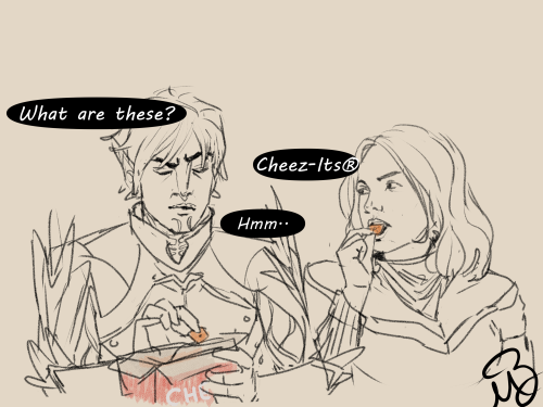 a gift for @gaycodednarrator it has everything one needs: fenris, bethany, and Cheez-Its® 