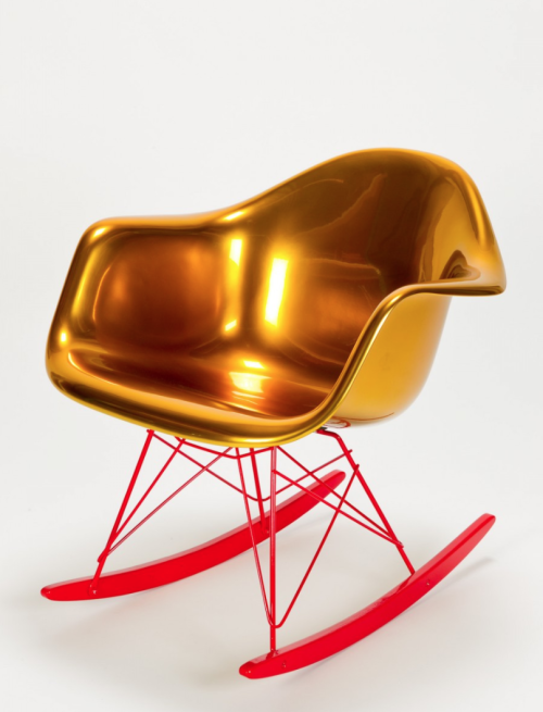 Gold Eames Fiberglass Shell Rocker | Design: Charles & Ray Eames/Reha Okay | Herman Miller made by Vitra/okay art | Material:Laquered Fiberglass, Laquered Metal | Description: Very Special Technique of Varnish - Via