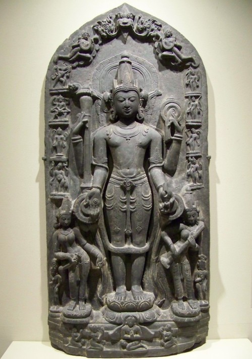 The Hindu deity Vishnu and his avatars.  Black schist sculpture, artist unknown; 11th century.  Now 