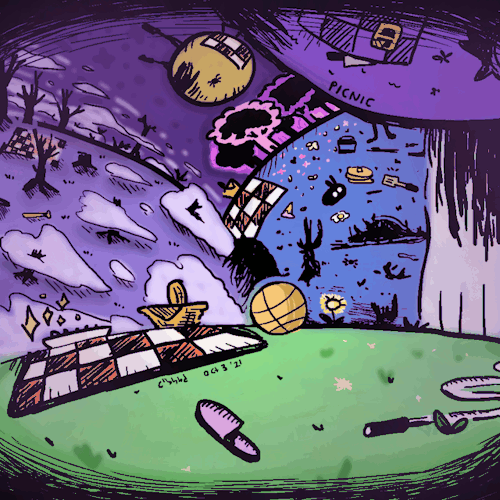 Look! A picnic blanket! .. more picnic blankets?? Uh-oh, where is Mari and the gang? .. Can you find the scattered items and Mari? They have to be here somewhere! #omori#omori fanart#goremori#omotober#day 3#picnic#omori mari#mari#gif#animated