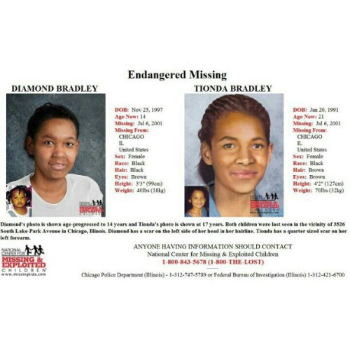 Missing since July 6, 2001 from Chicago, IL: sisters Diamond and Tionda Bradley [SHARE!]