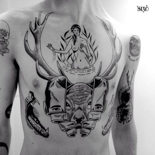 sixosantostattoo: The death of Actaeon #sixo #tattoo #tatouage #lesphinxparis #paris #blackworker #t