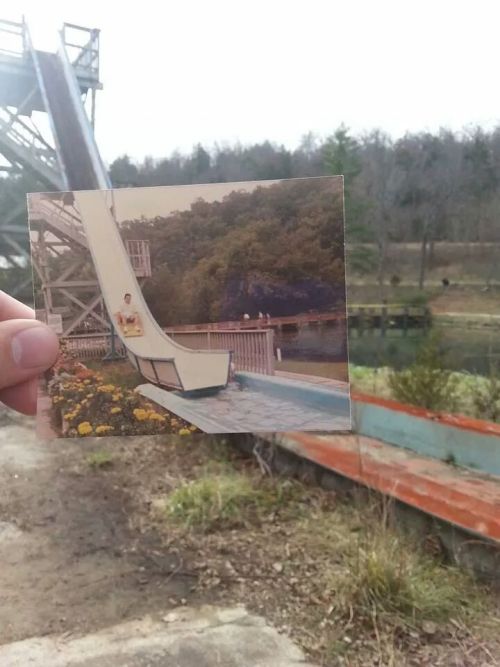 abandonedography:  Sequential pictures of my dad in the 80s taken in the same place nearly 30 years later.Dogpatch USA located is located Arkansas and was a theme park that operated from 1968 to 1993 and sat abandoned from 1994 to 2014. (SOURCE)