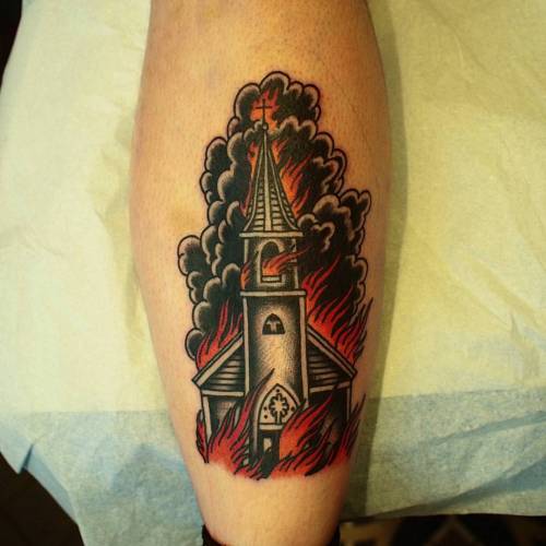 #Burningchurch #tattoo for @levelabovehuman Thanks! #Eclectic #tattooing made @kosmostattoo