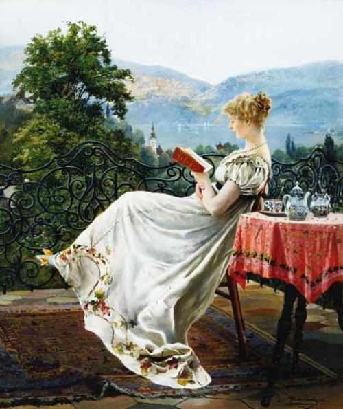 Reading on the Terrace. Johann Hamza (German, 1850-1927). Oil on panel.Hamza painted with the intent