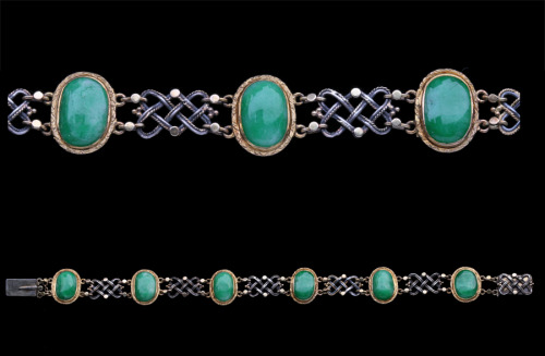 jewelrynerd:A silver, gold and green jade bracelet from The Artificers Guild. Attributed to Edward S