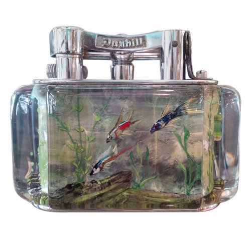 Ben Shillingford, Aquarium table lighter, 1950/60s. Hand-painted, carved plexiglass, silver plated. 