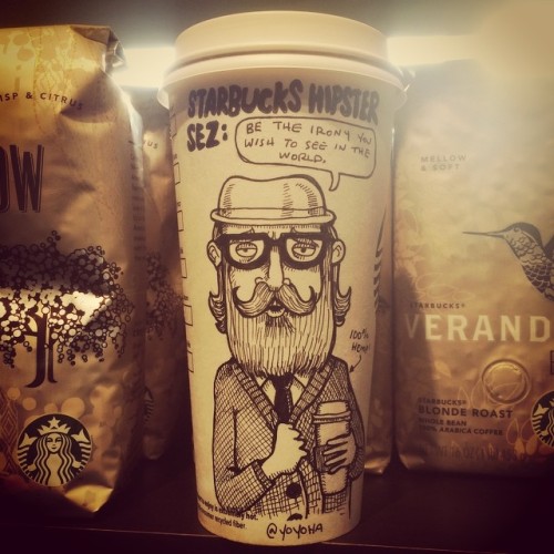 tastefullyoffensive:  Cartoonist Josh Hara Draws on His Coffee Cup(s) Every Morning [via]Previously: How to Get 10% Off Your Order at Not a Burger Stand