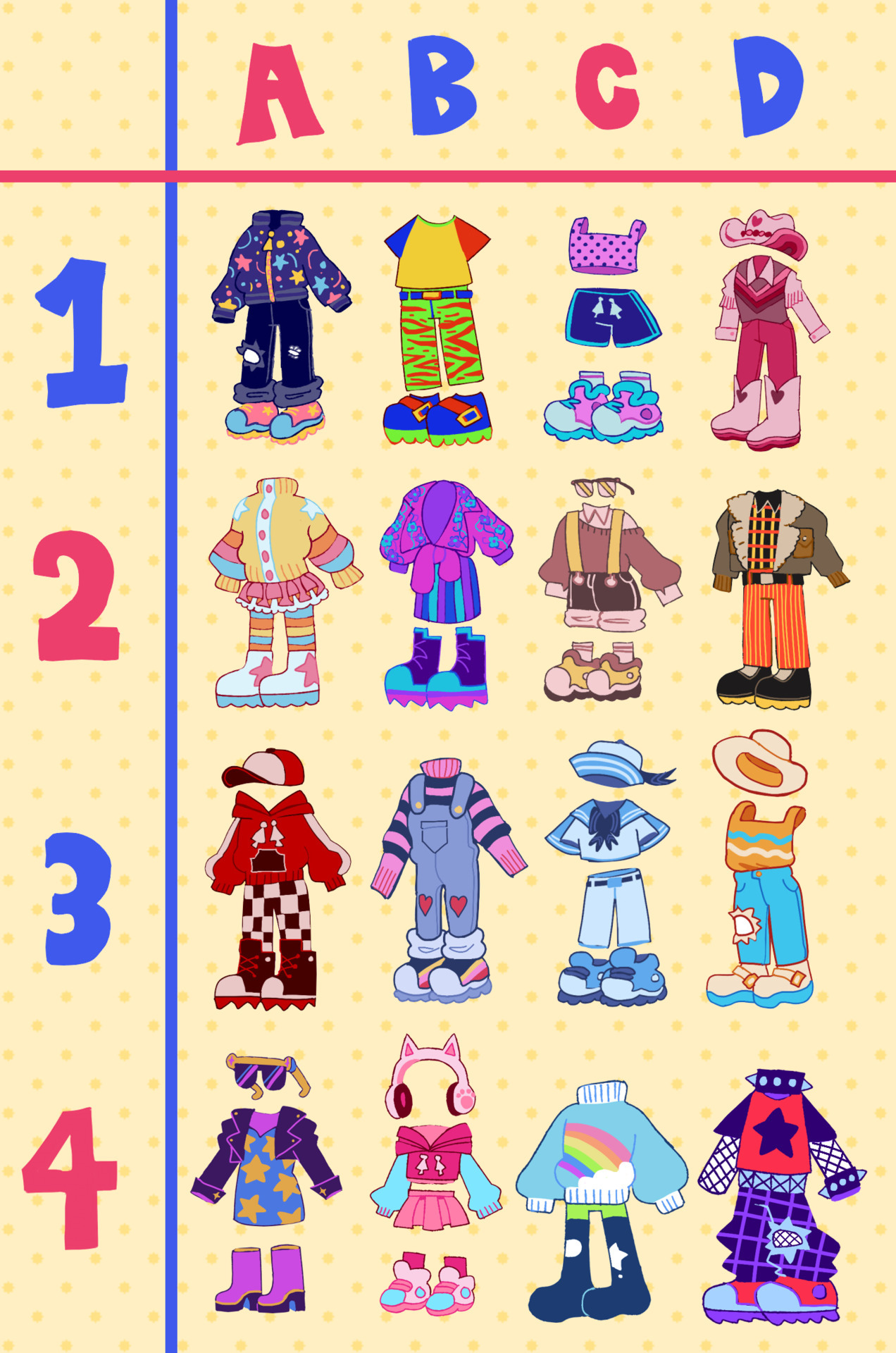 shehergyro:
“ heres the new and improved outfit art meme i made, i added an extra row and everything! :3 if you do this then feel free to change things about the outfit like the details or colors if you’d like, improvising is always good! also don’t...