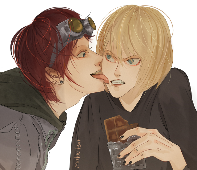 Fanart: matt from death note licking chocolate off mello's face and mello's holding a chocolate bar looking annoyed