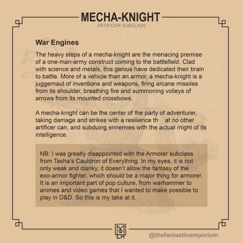Homebrew subclass D&amp;D 5e : Mecha Knight - ArtificerI’ve been working on many homebrew 