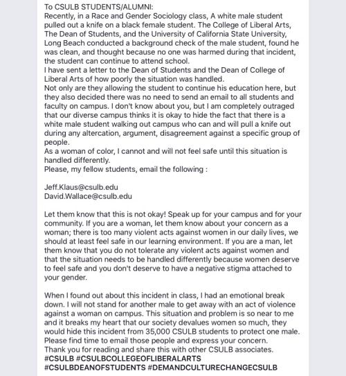 mskyari:PLEASE BOOST THIS!!! A white male student pulled out a knife against a Black woman during an in-class discussion last week. As of now, the white male student is still enrolled in the course/university and no mass email was sent out to warn the