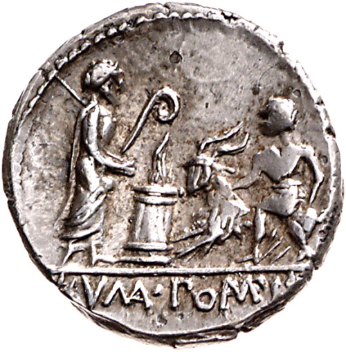 romegreeceart:Roman legendary king Numa Pompilius is conducting a ritual sacrifice. The denarius was