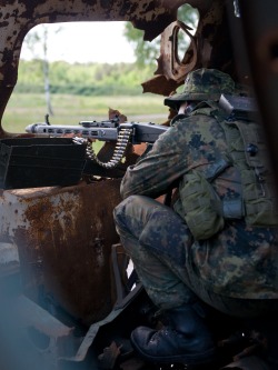 militaryarmament:  A recon infantryman with Recon Platoon, Jager Battalion 292, Armed Forces of Germany, mans a MG3 7.62mm machine gun during exercise Saber Strike, in Rukla, Lithuania June 10, 2015. Saber Strike is a long-standing U.S. Army Europe-led