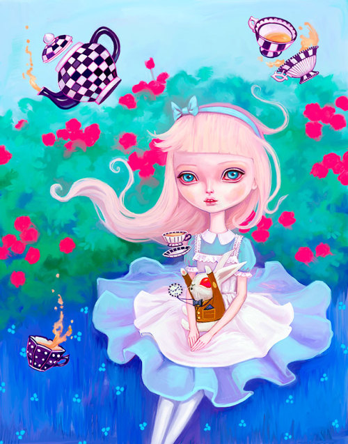 Alice has a tea party with the white rabbit.