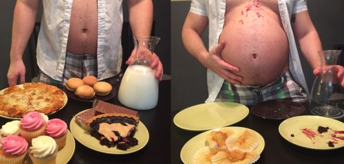 losemybreath4444: Before and after shots of our vid “Button Busting Meal: Fit to Fat”. Y