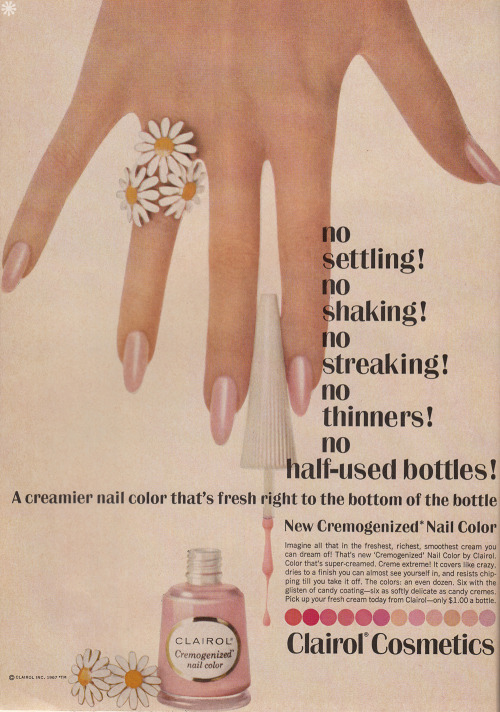 thegroovyarchives:  Clariol Cosmetics Nail Color, 1967.from the April, 1967 issue of Cosmopolitan magazine.