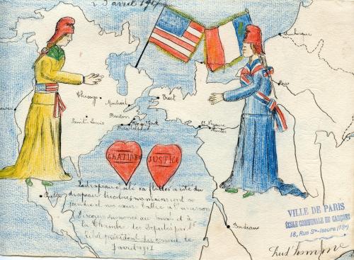 1jovan:mapsontheweb: French child’s drawing of the United States joining World War 1, 1917. Lo