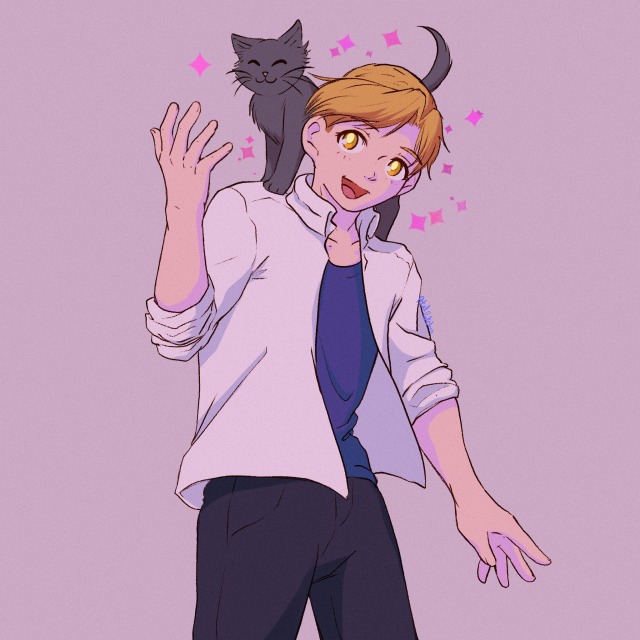 fanart of al from fullmetal alchemist. it is drawn in a 90's anime style. he faces the viewer but looks up at the cat that stands on his shoulder. he offers a hand up for support. both are smiling.