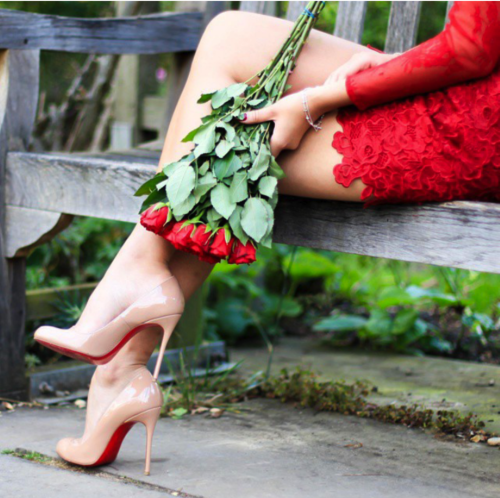 kitteninlouboutins: Red lace dress, roses and Louboutins? Someone’s getting laid tonight. And 