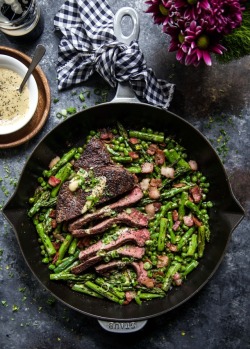 fattributes:One-skillet Coffee Rubbed Steak with Bacon and Spring Vegetables