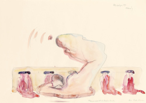 Maria LassnigMännermacht and Frauenleiden, 1991Pencil and watercolour on paper