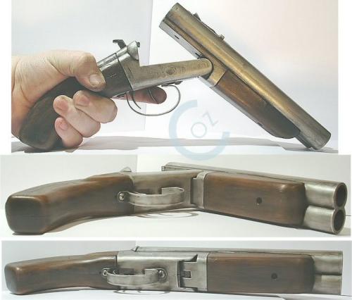 cerebralzero:  rogerhobbs:  An ultrashort double-barreled shotgun. Two triggers of 12-gauge buck and your wrist is broken.  that’s a sweet little AOW. I have shot a few legal sawed offs and the recoil really isn’t that bad if you clamp your front