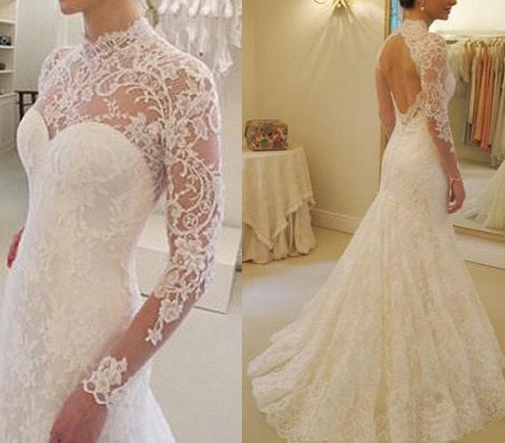 Long sleeve open back wedding dress