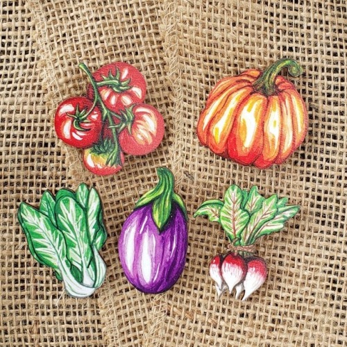 Farmers Market; a collection of wooden brooches printed with delightful veggies inspired by @kranzhi