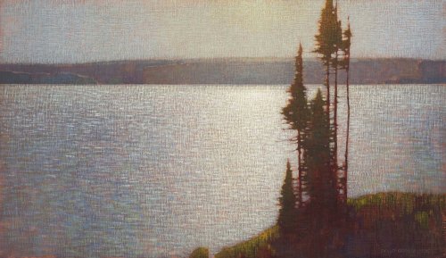 iamjapanese:  David Grossmann（American, b.1984）Sunlight on Yellowstone Lake  Oil on linen panel   20 x 34 inches   via    more