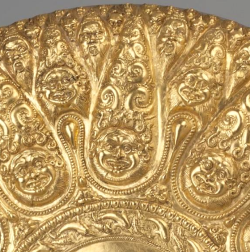 archaicwonder:  Greek Gold Phiale, Mid-4th Century BCPhiale (libation bowl) decorated with repetitive images of gorgons, the god Pan, fish, dolphins, lion heads and boar heads. Found in the Kul Oba Barrow near Kerch, Crimea in 1830. Modern Kerch was the