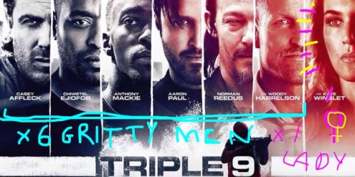 theladyattheback:  Poster: 6 Gritty Men and a Beautiful Lady Title: Triple 9 (2016)