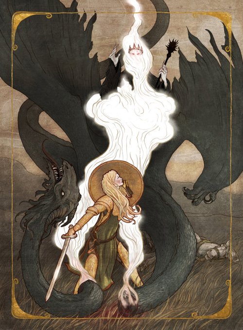 tolkienillustrations:Éowyn and the Nazgûl by Erin Kelso