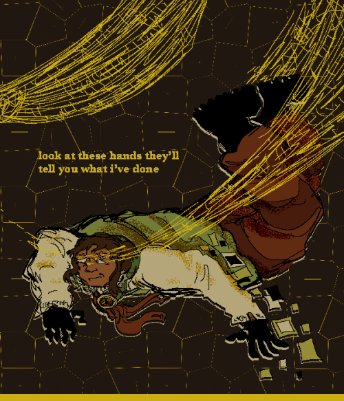 drawing of míra crawling on the floor, gripping it with her fingers and kicking her legs up. she lacks her coat and hat, and is heavily grimacing. the background is a dark brown, terraced with yellow geometric outlines meant to resemble a close up of dragonfly wings. bright yellow webbing representing a whole wing envelopes the top left of the picture, and another wing flows from the left to the right in a tight perspective, slightly cutting past míra's eyes.