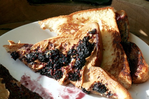 getfatnfab:  pb and j  made with natural peanut butter and homemade mulberry jam on toasted bre