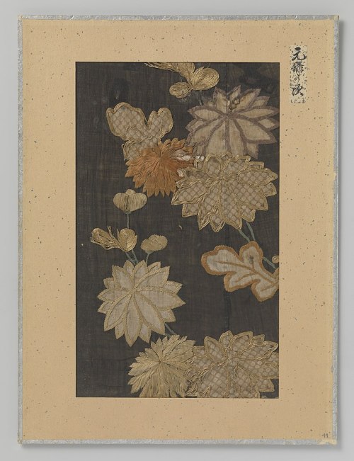 Embroidered textile fragments (Japan, 16th-19th century).1) Autumn plants (1764 - 1771)2) Wheels and