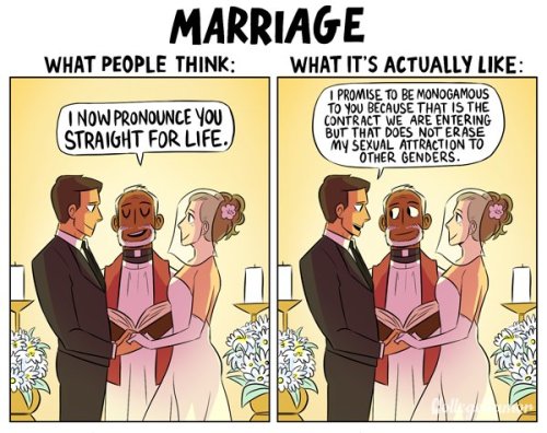 flashytitle:  american-dirtbag:  pr1nceshawn:    What People Think Being Bisexual is Like vs. What It’s Really Like.  Yaaaaaas!   Just because you’re married doesn’t mean your monogamous.  This is cute and funny but has truth behind it. I’ve