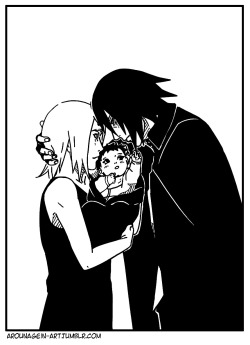 arounagein-art:  うちはサスケxサクラxサラダ-Papa saying goodbye…[Ah I am sorry I have been so busy! I was so sad to know Sasuke had left when Sarada was young still. I am sure he had a reason and I cannot wait to find out what the story