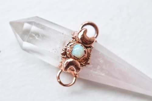 Clear quartz, rose quartz, opal and crescent moons necklace - dipped in copper. A little closeu
