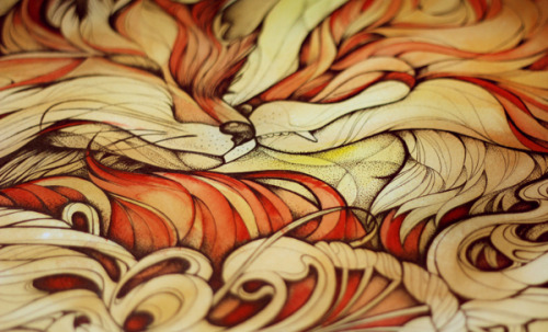 artmonia:  Vulpes Vulpes by Alice Macarova watercolor, liners, ink, paper 50x50 cm 