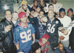 aintnojigga:  The crew backstage celebrating a successful second night of the 54-date ‘Hard Knock Life Tour’ in   North Charleston, South Carolina. As pictured, the actions of Jay Z, Memphis Bleek, Swizz Beatz, Da Ranjahz, DJ Clue?, Lyor Cohen, DJ