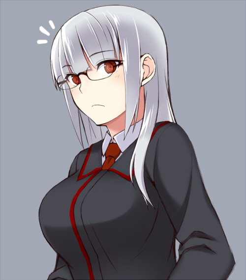 ストライクウィッチーズ、ハイデマリー・Ｗ・シュナウファー、momiji7728、ネクタイ、ロングヘア、一人、乳、女一人、巨乳、カメラ目線、眼鏡、シンプル背景、赤目、銀髪、驚き | Sankaku