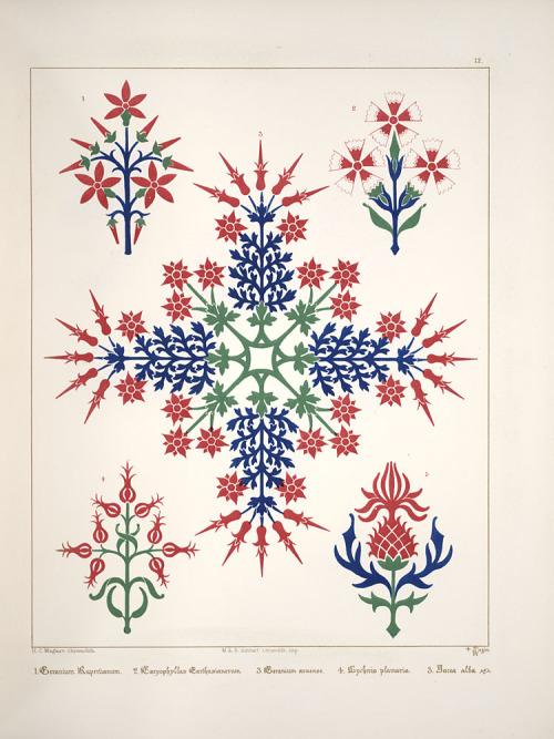 smithsonianlibraries:  Augustus Welby Northmore Pugin’s Floriated ornament: a series of thirty-one designs from 1849 might look more like colorful snowflakes than botanical designs. Although his bold plates are quite striking, Pugin was better known