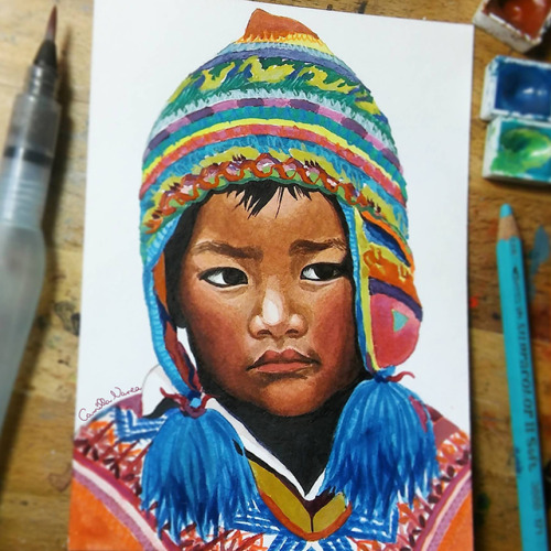 Peruvian boy.watercolor and colored pencil
