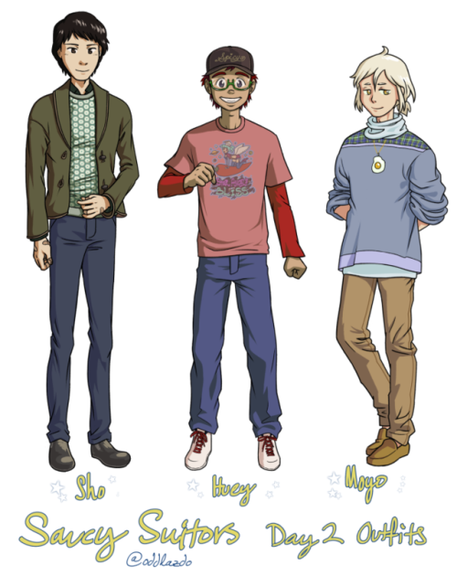 I finished these designs and talksprites for Sho’s, Huey’s, and Moyo’s outfits for the post-demo par