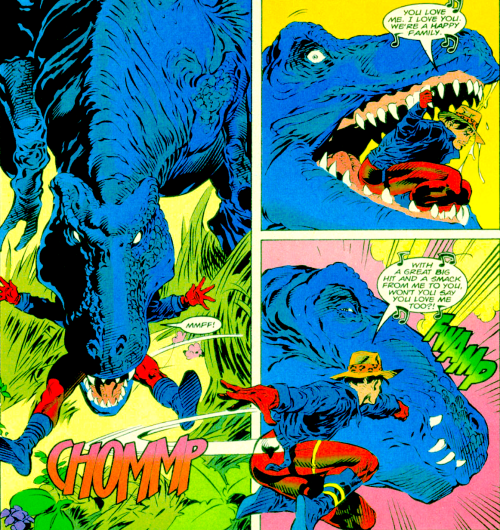 dailydccomics:Kon vs dinosaurs but at least his hat is cuteSuperboy Annual vol 4 #4