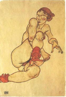 mondfaenger:  Akt mit hochgezogenem rechtem Bein (female nude with pulled up right leg) - 1913 Art by Egon Schiele 