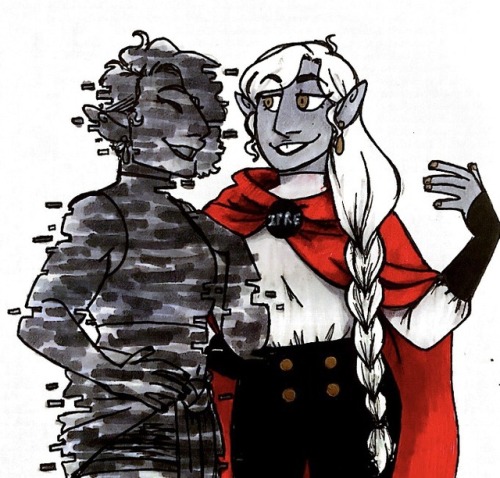 undeadengineer:Inktober Day 2: Divided[image description: a drawing of Lup and Taako in front of a r